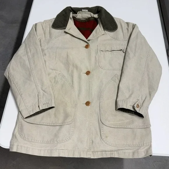 Vintage LL Bean Original Field Coat Beige Canvas Barn Jacket Wool Lined Mens L - Picture 1 of 7